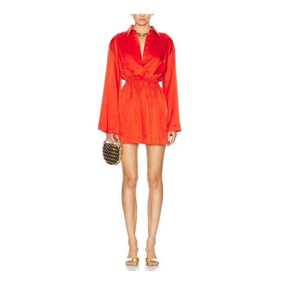 Caroline Constas 'Aesha' Red Silk Bell Sleeve Mini Shirt Dress Size S - Picture 1 of 4